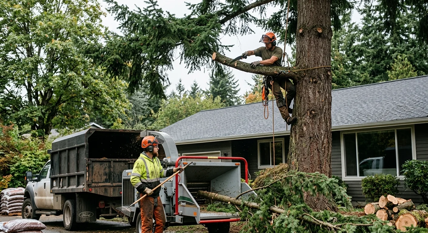 Crew clearing dense brush from a wooded Redmond backyard lot