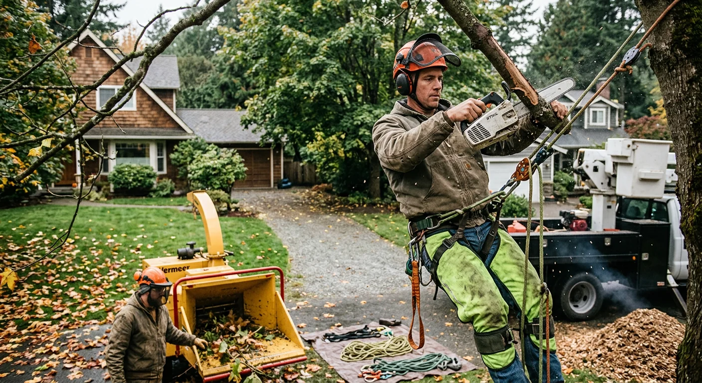 Crew clearing dense brush and blackberry undergrowth on a wooded Redmond property lot