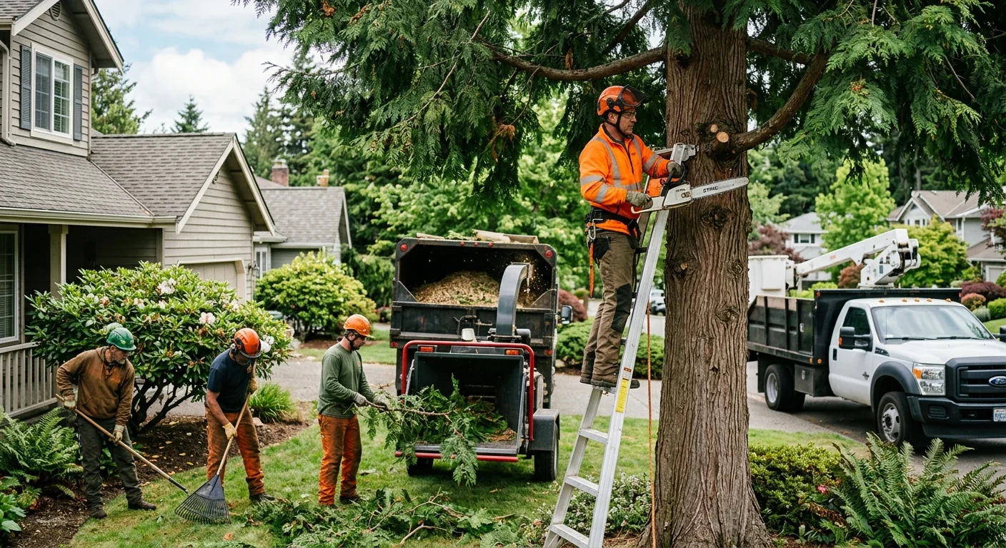 Crane lifting a large tree section over a Redmond property