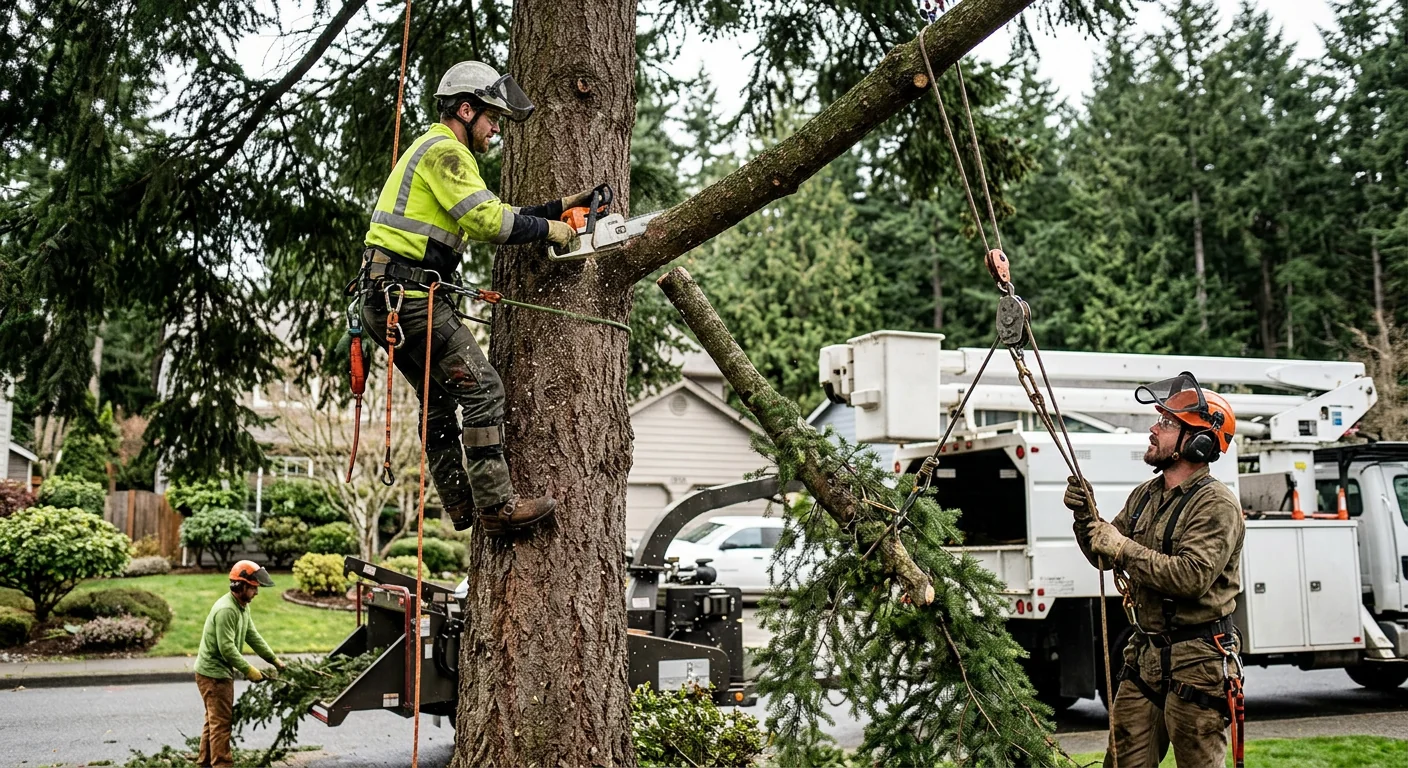 Mobile crane lifting a large fir section over a Redmond residential rooftop