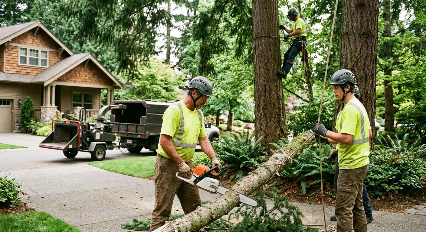 Large leaning conifer overhanging a Redmond home roofline before crane removal