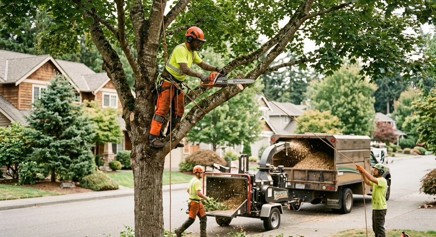 Crane crew removing a tall tree while protecting a Redmond home landscape