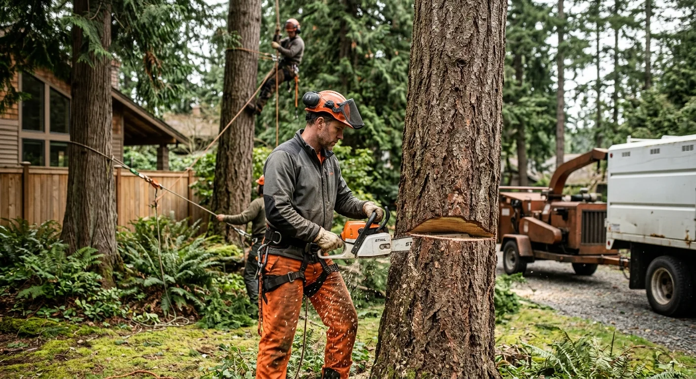 Crew assessing storm-damaged tree near a Redmond home before removal