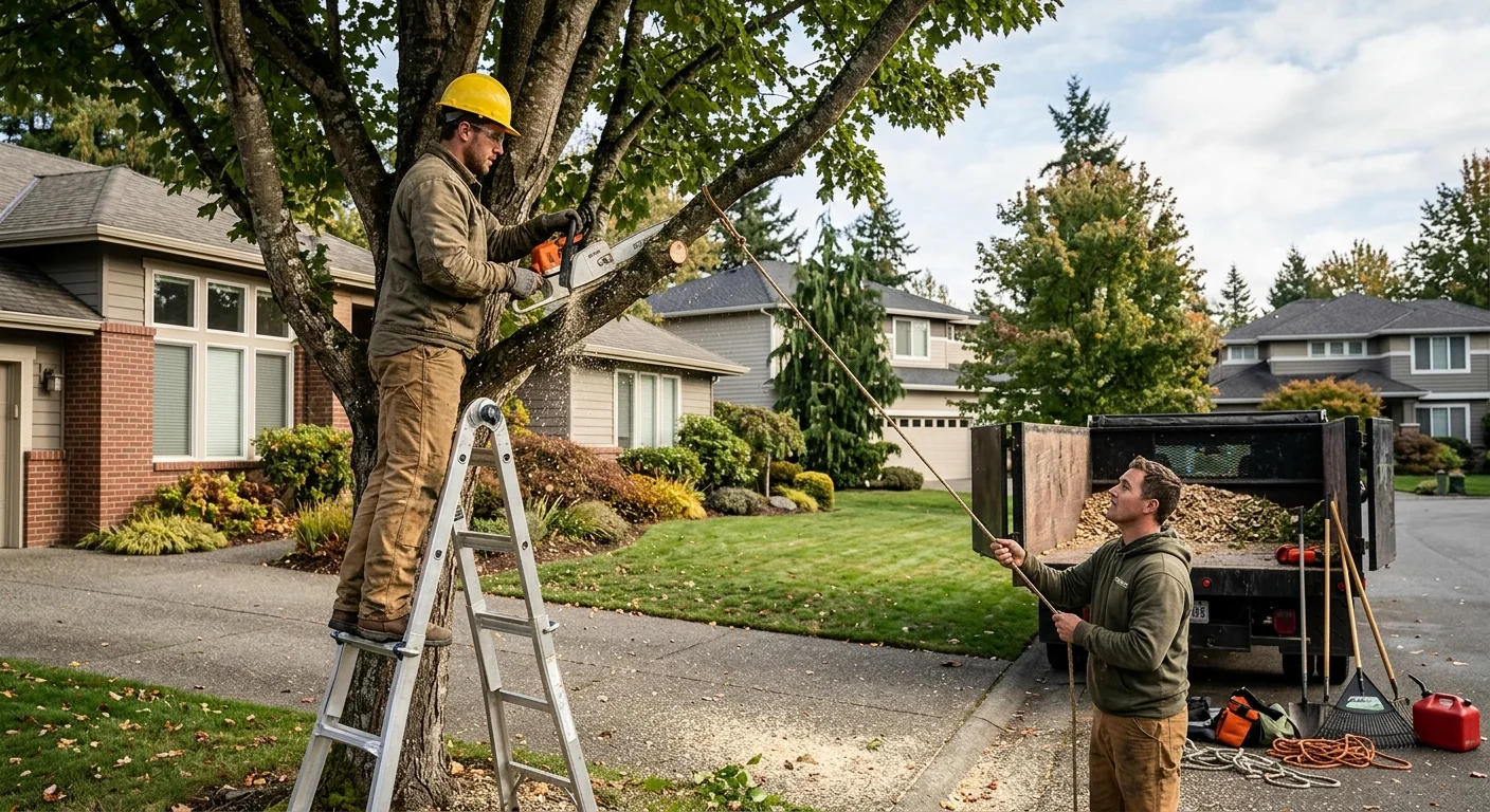 Crew clearing a storm-fallen tree from a Redmond residential yard
