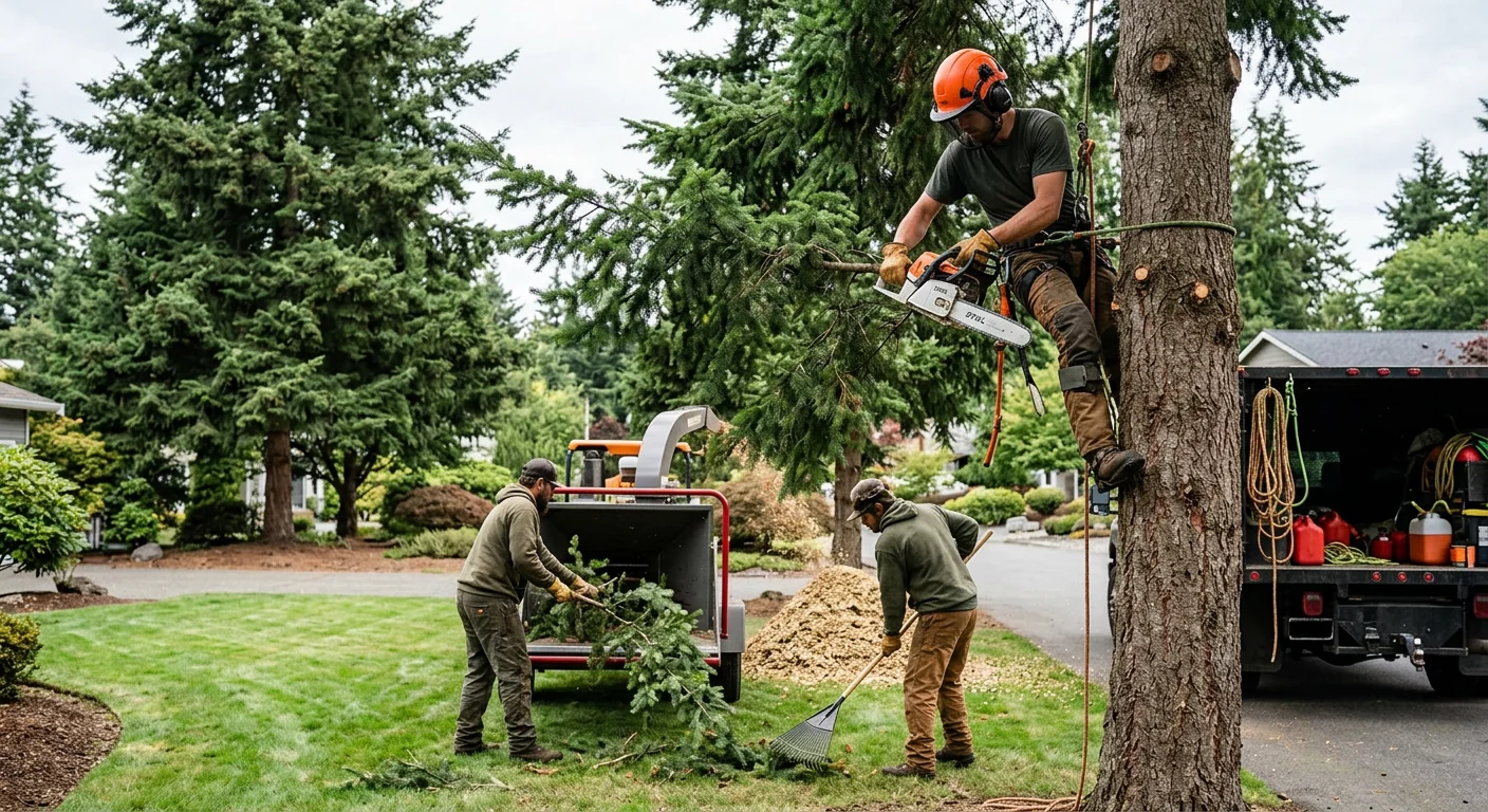 Storm-damaged tree leaning against a home in Redmond needing removal