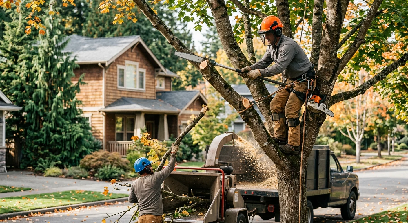 Redmond crew rigging a storm-damaged tree for safe controlled removal near a house
