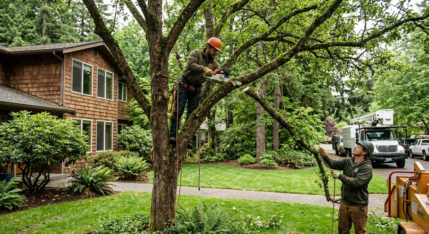 Crew planning hazardous tree removal near a Redmond home