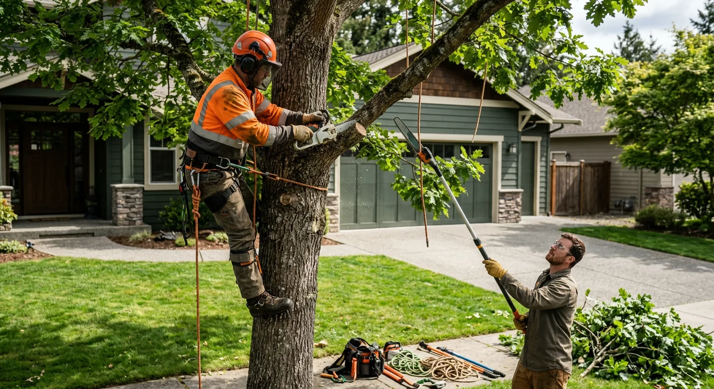 Tree crew rigging and lowering a hazardous tree section on a Redmond property