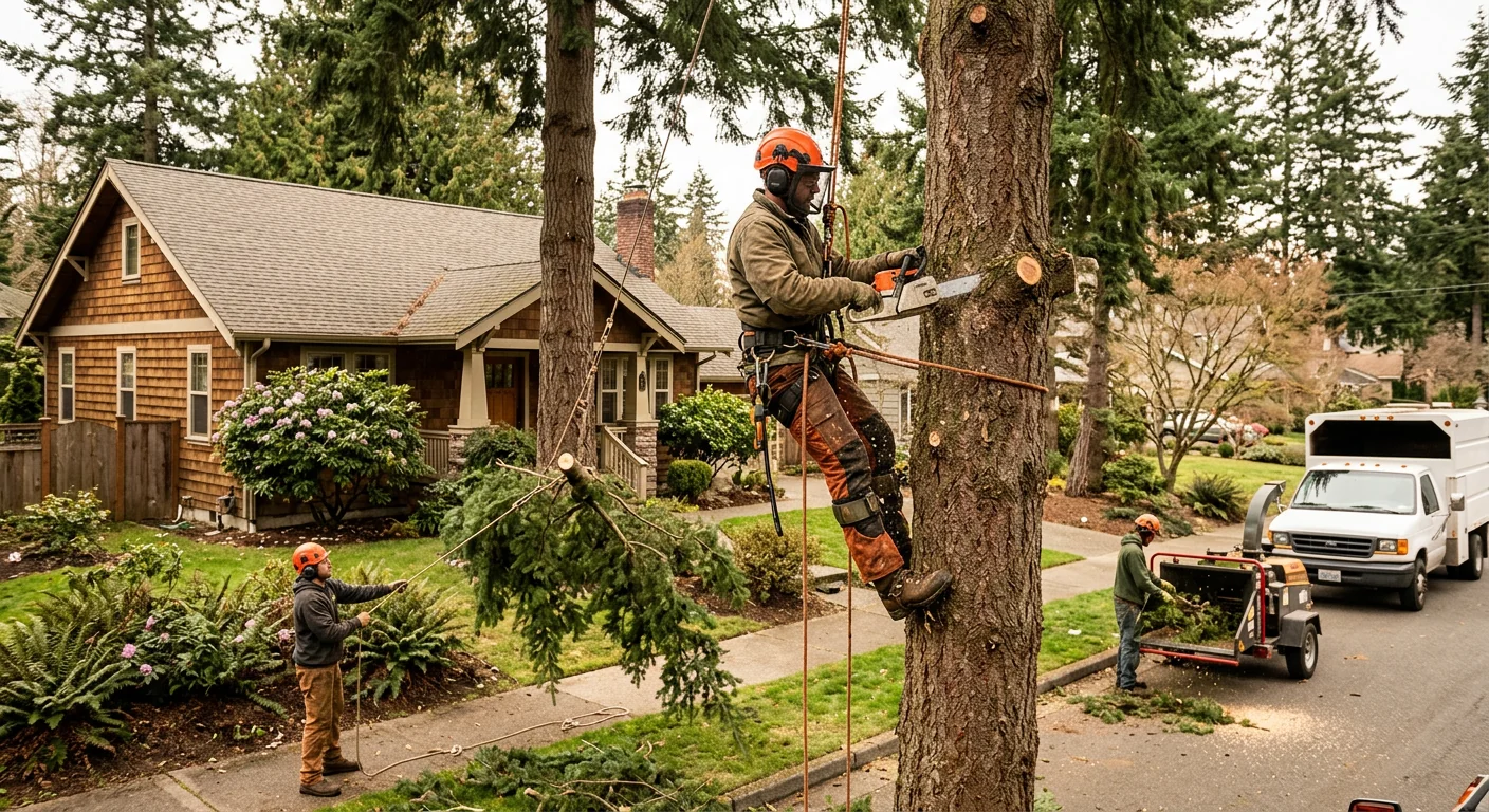 Leaning storm-damaged tree with cracked trunk threatening a Redmond home