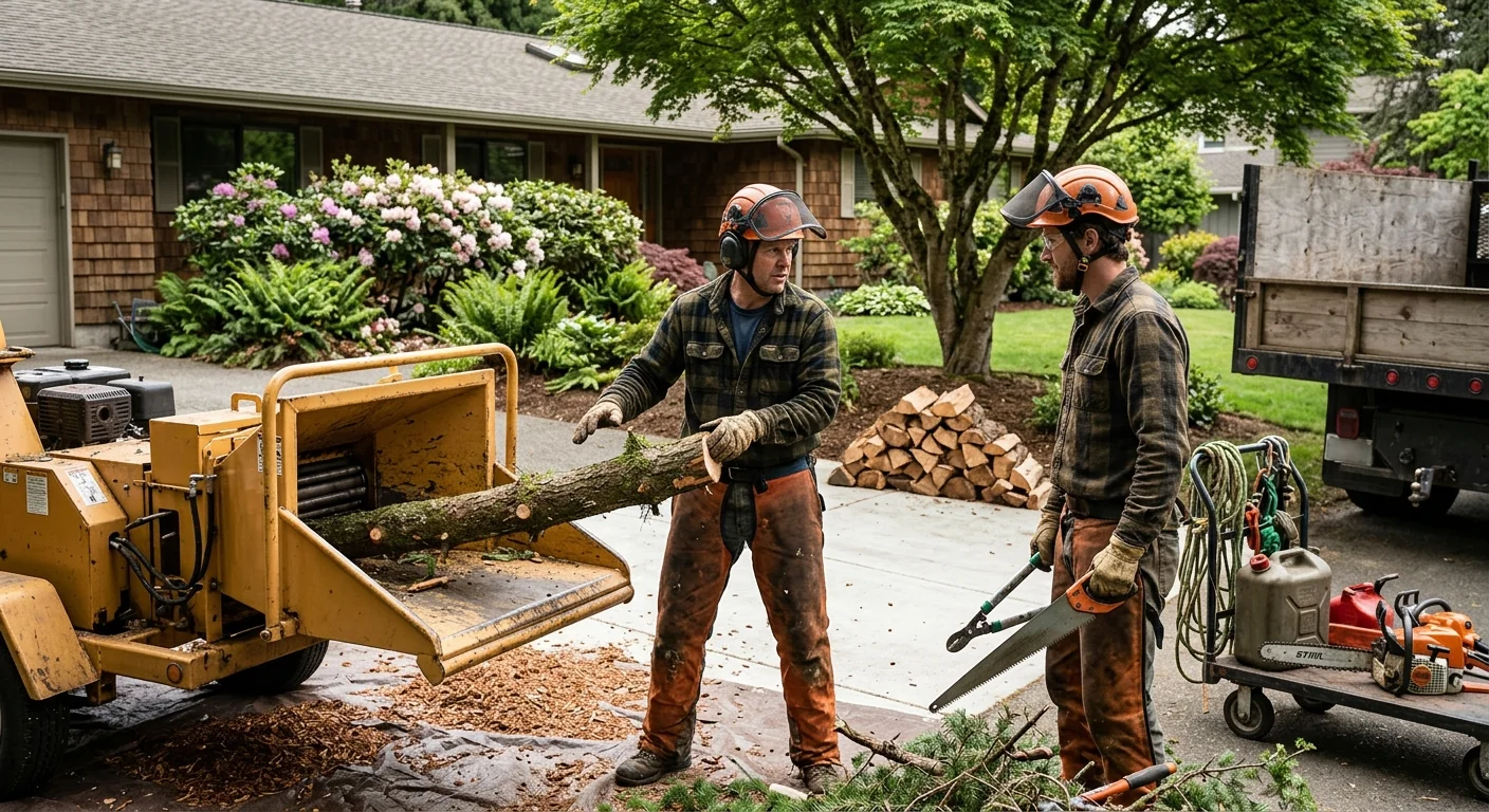Redmond crew safely lowering a hazardous tree section near a house