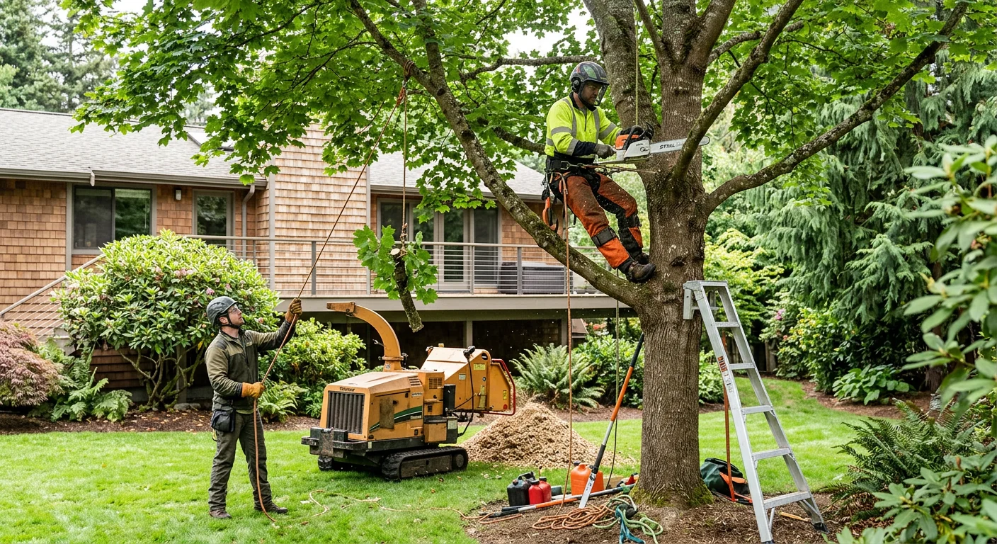 Crew clearing a wooded residential lot with heavy equipment in Redmond