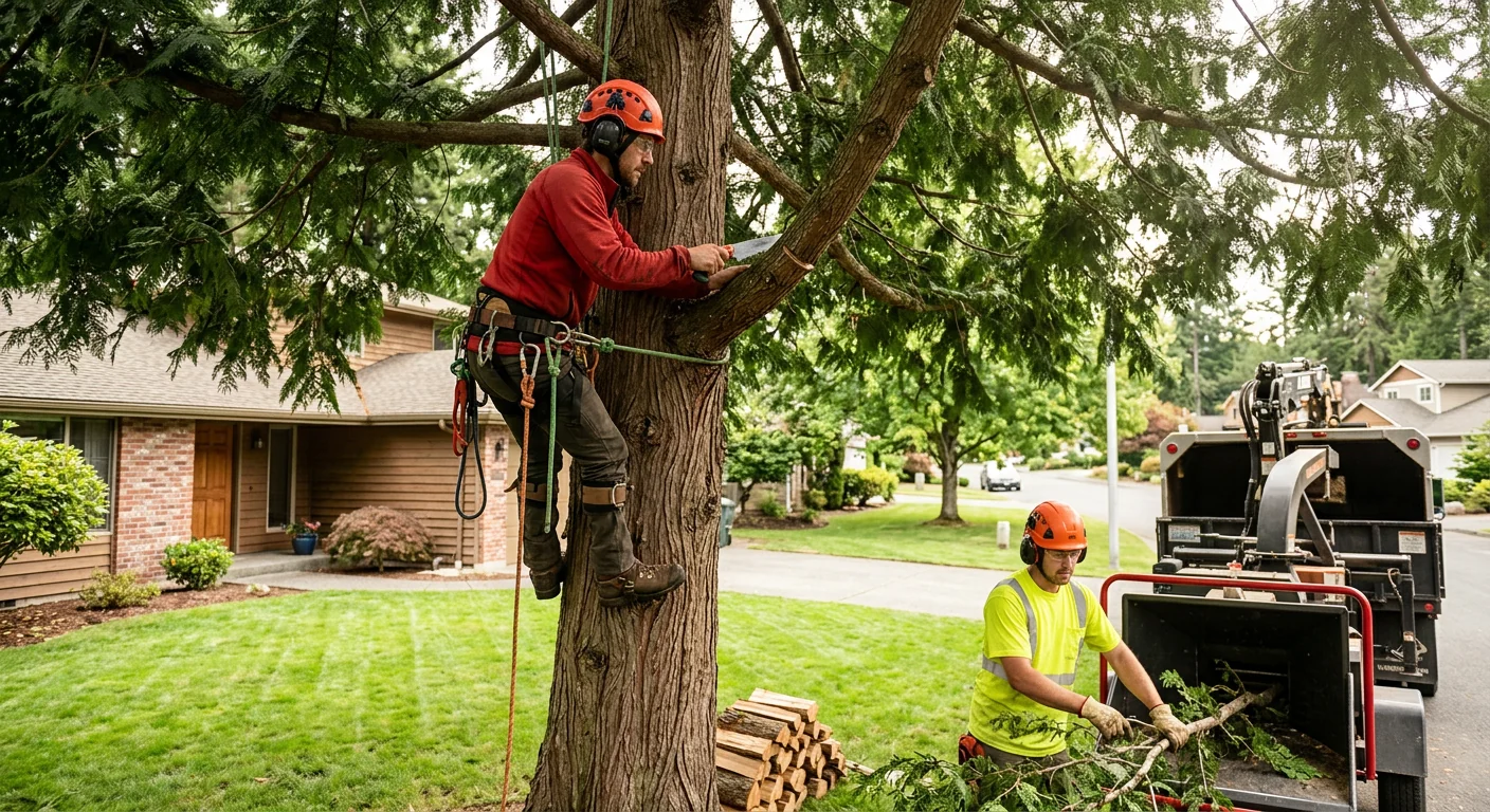 Crew clearing an overgrown wooded lot in Redmond with grapple loader and grinder