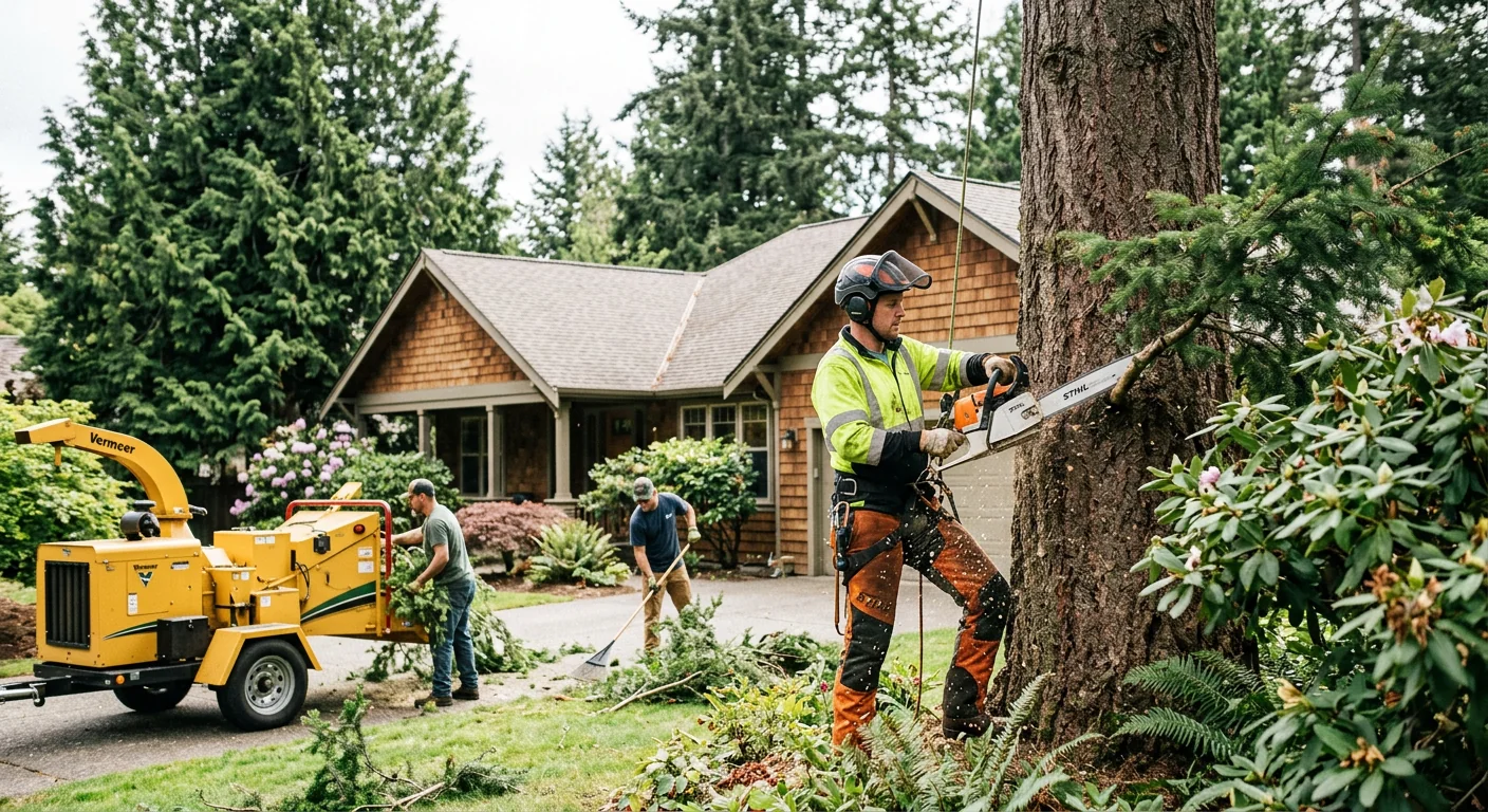 Overgrown Redmond lot with blackberry thickets and dead standing trees before clearing