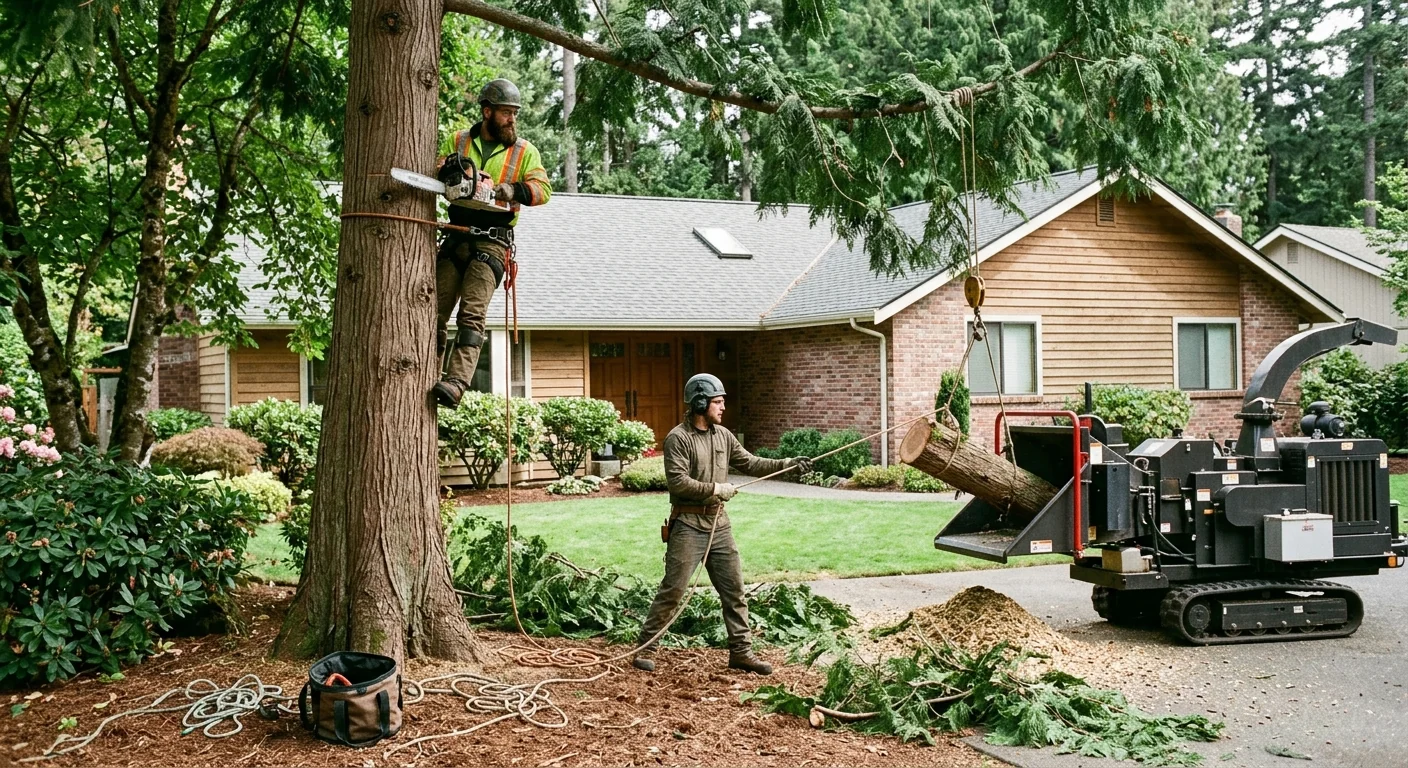 Crew clearing storm-downed trees from a Redmond residential property