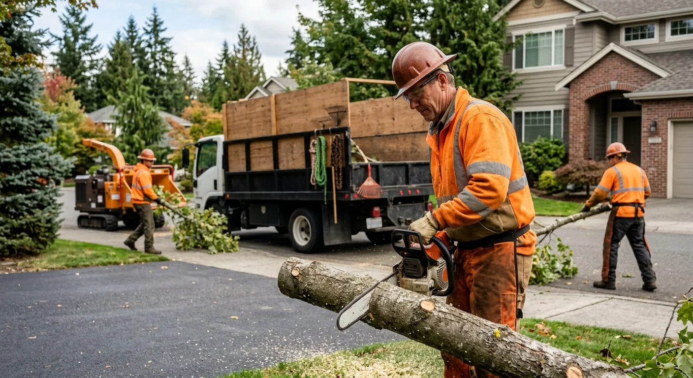 Crew clearing fallen storm-damaged tree limbs from a Redmond residential yard