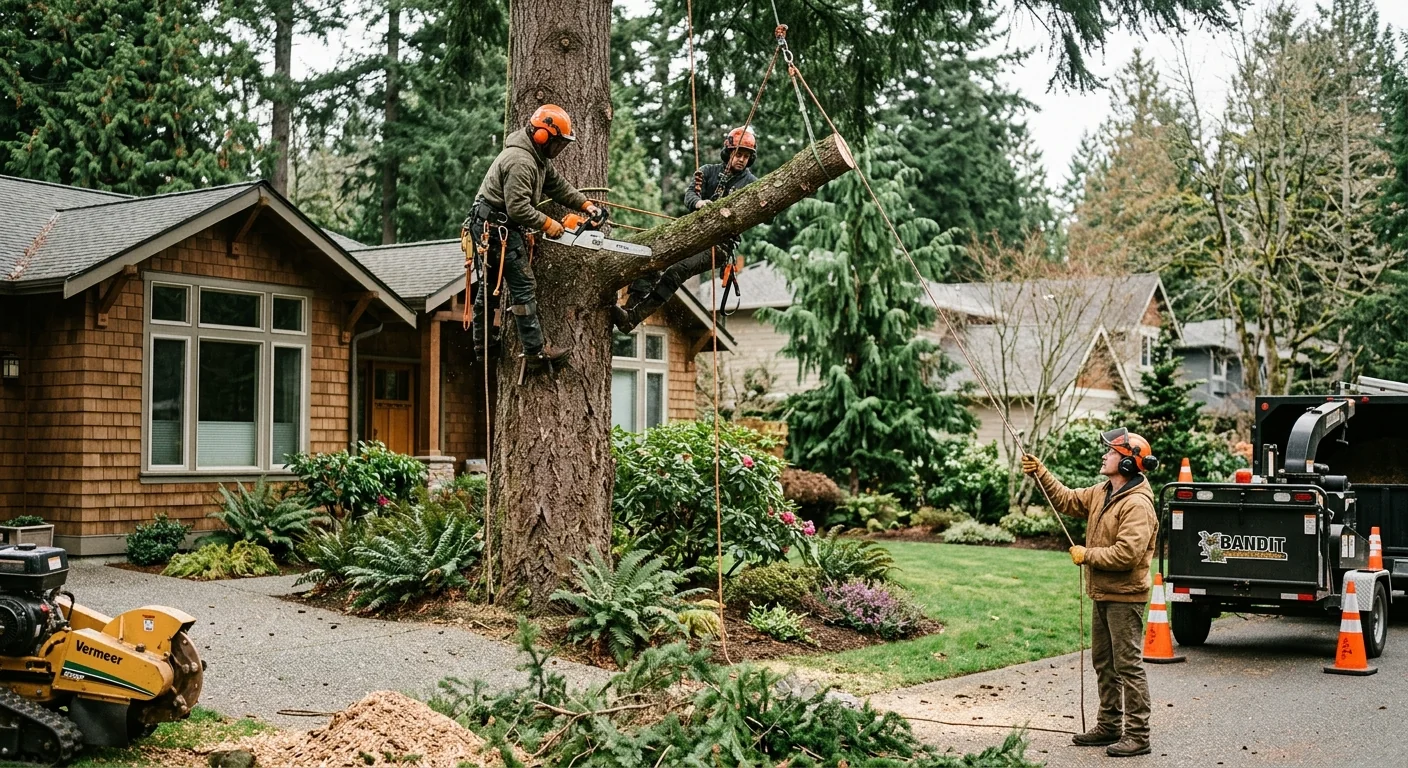 Redmond crew removing fallen storm-damaged tree with rigging near a home