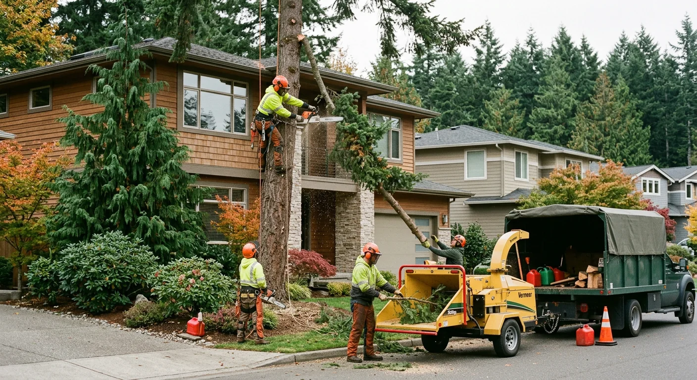 Track-mounted stump grinder reducing a tree stump below grade on a Redmond lawn