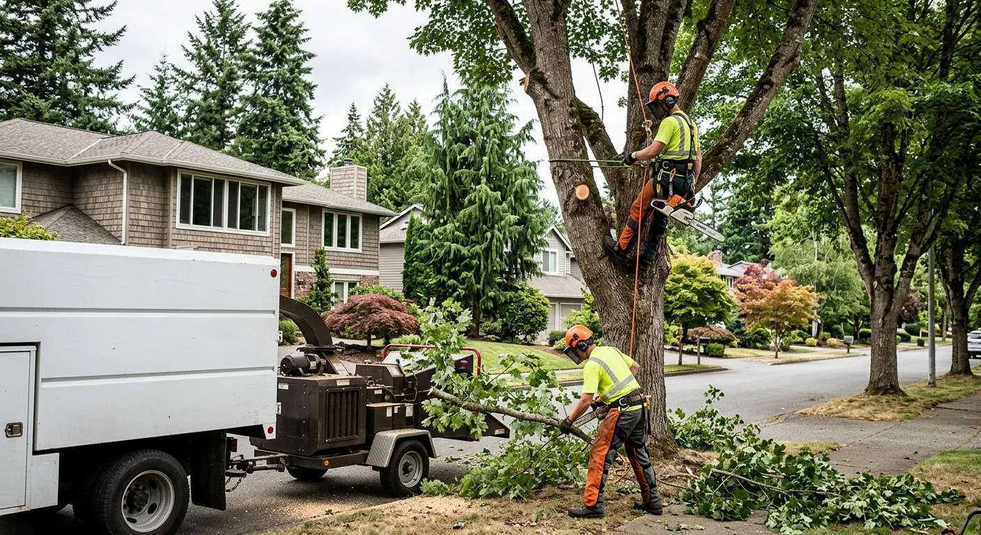 Rotting tree stump with surface roots lifting turf in a Redmond backyard