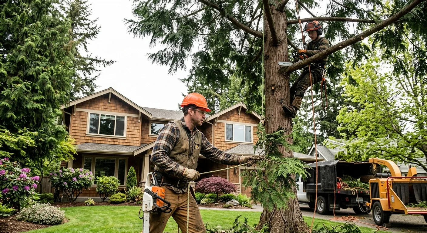 Arborist installing support cable high in a mature backyard tree