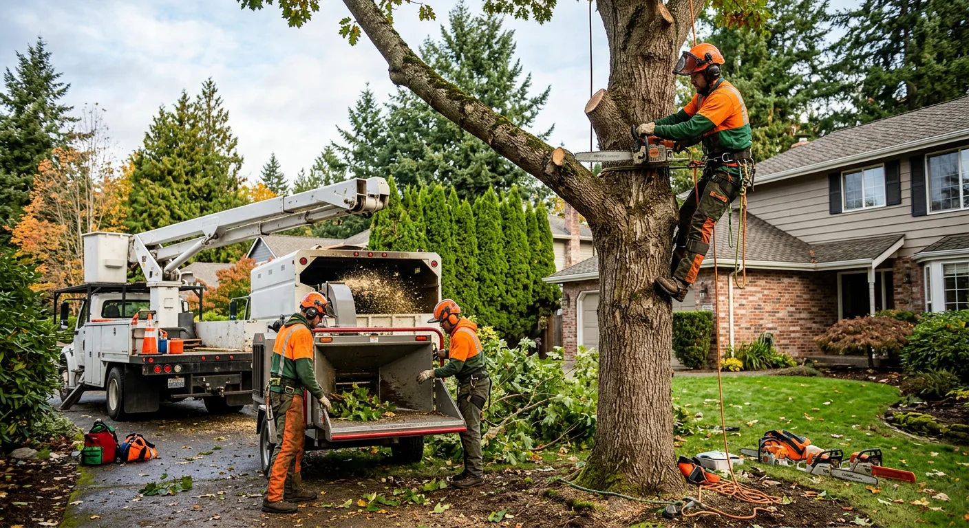 Arborist installing steel cable support high in a mature Redmond shade tree