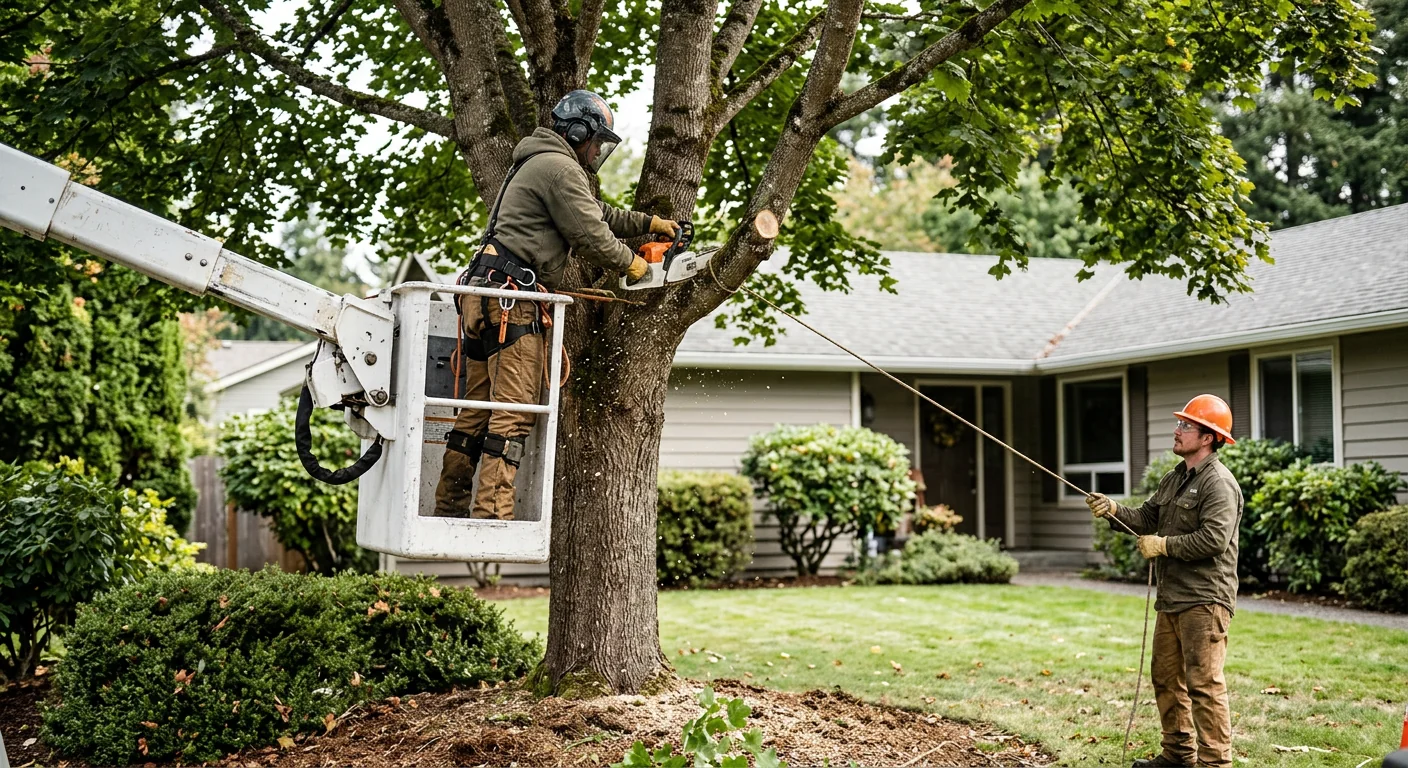 Crew inspecting cabled leaders on a large Redmond property tree