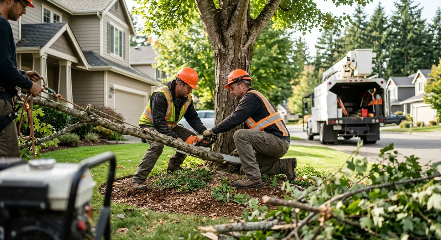 Arborist inspecting a large tree canopy on a Redmond property