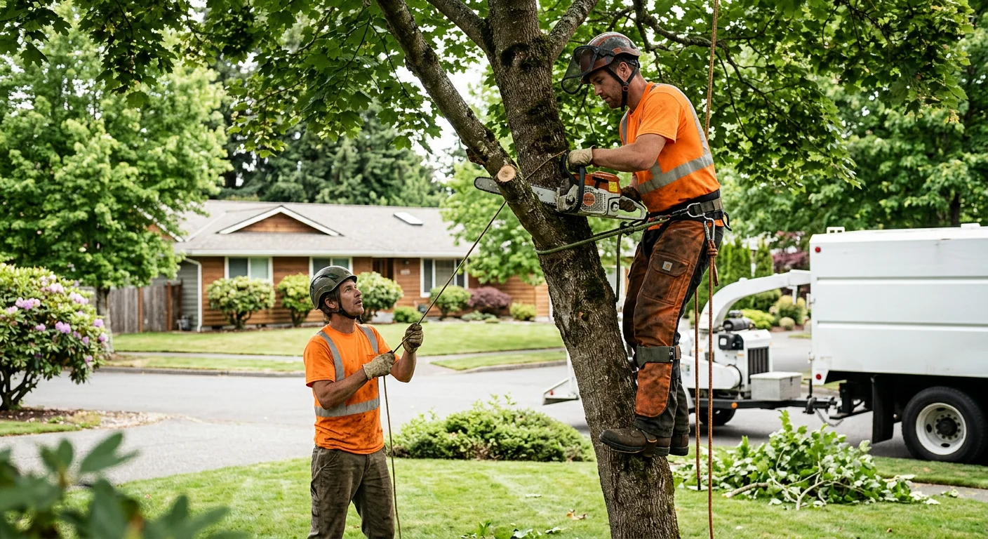 Arborist inspecting tree canopy and trunk during health maintenance on a Redmond property