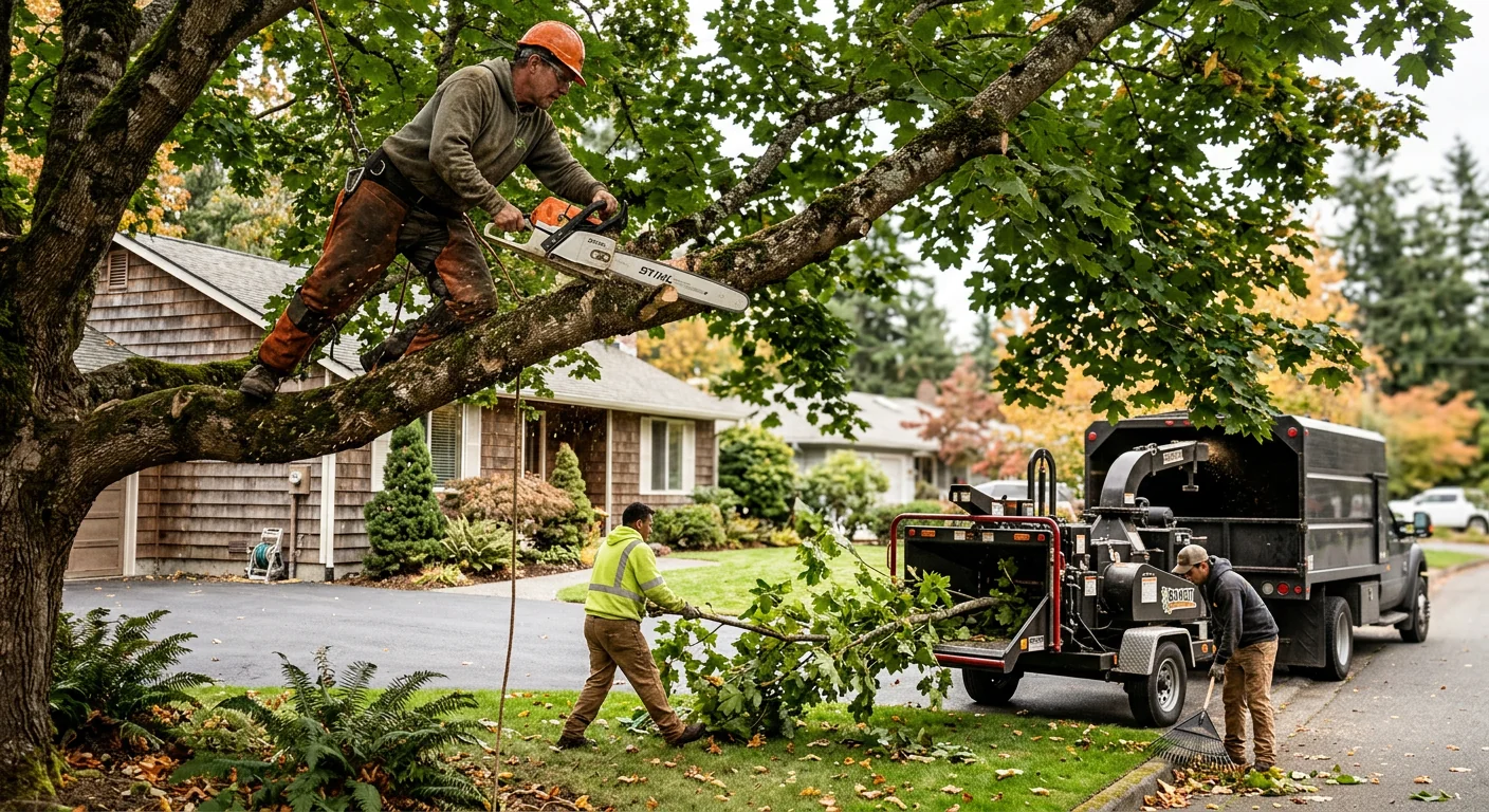 Crew planting a balled tree along a Redmond residential property line