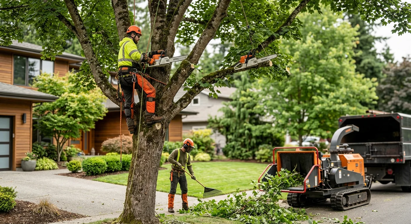 Crew setting a new tree root ball at grade on a Redmond residential lot
