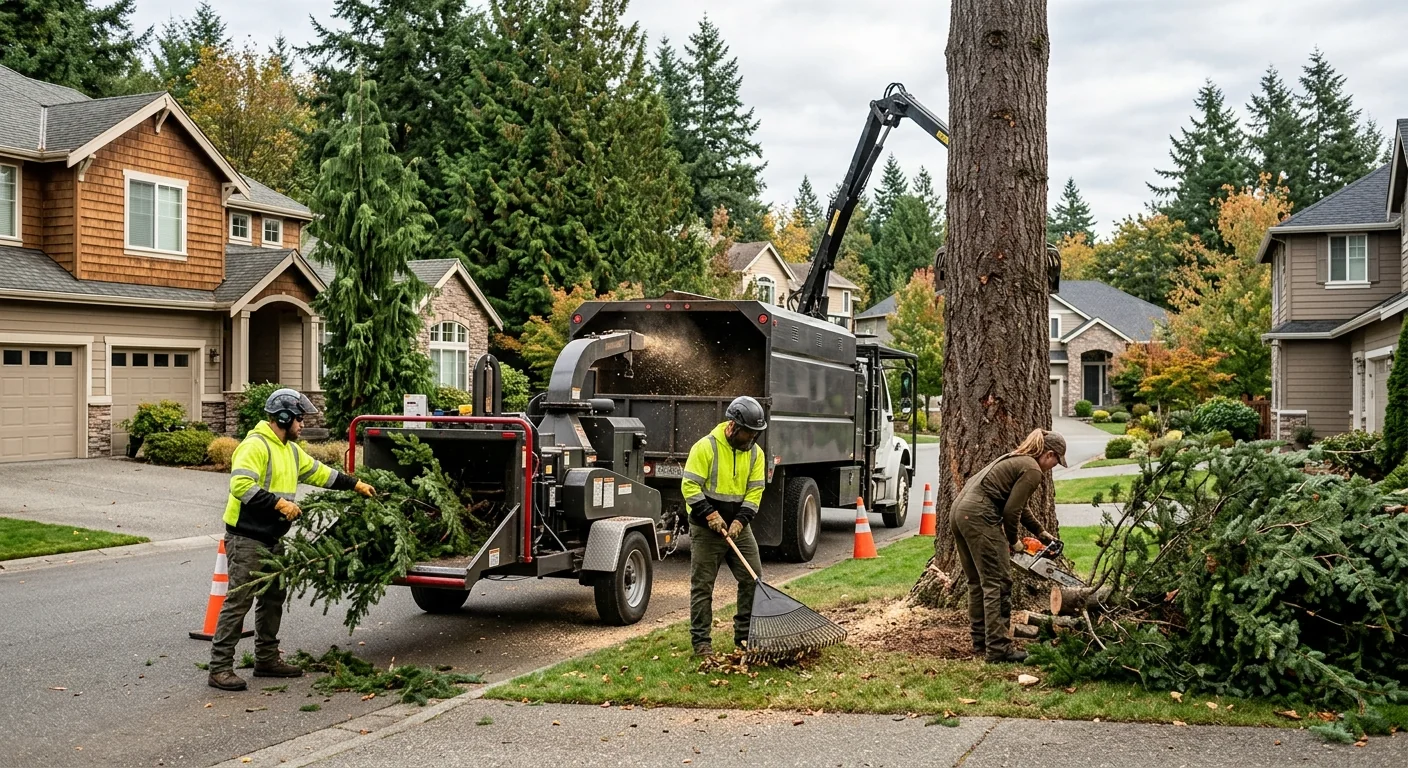 New shade tree staked and mulched in a well-kept Redmond front yard