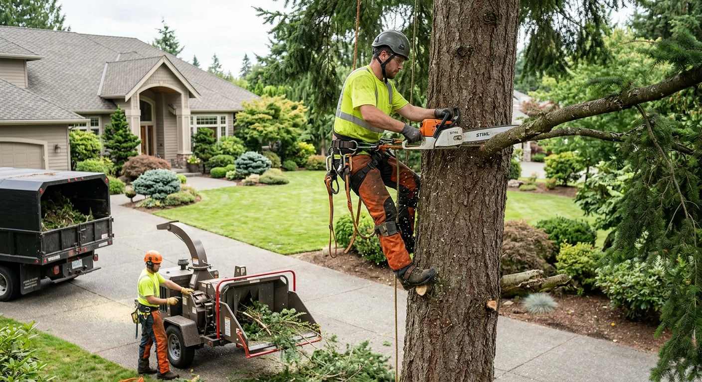 Arborist pruning a tall conifer canopy over a Redmond home