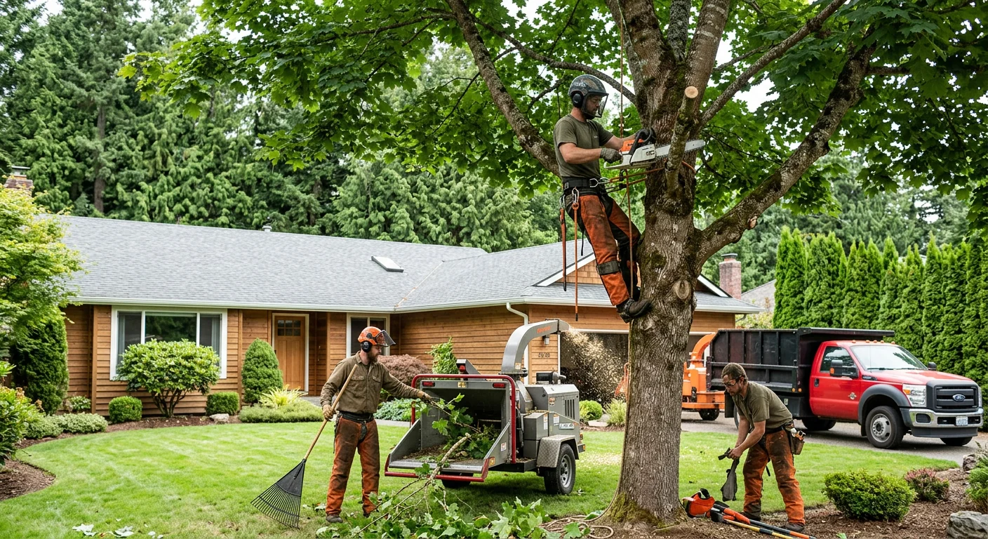 Redmond crew making precise pruning cuts on a mature residential shade tree