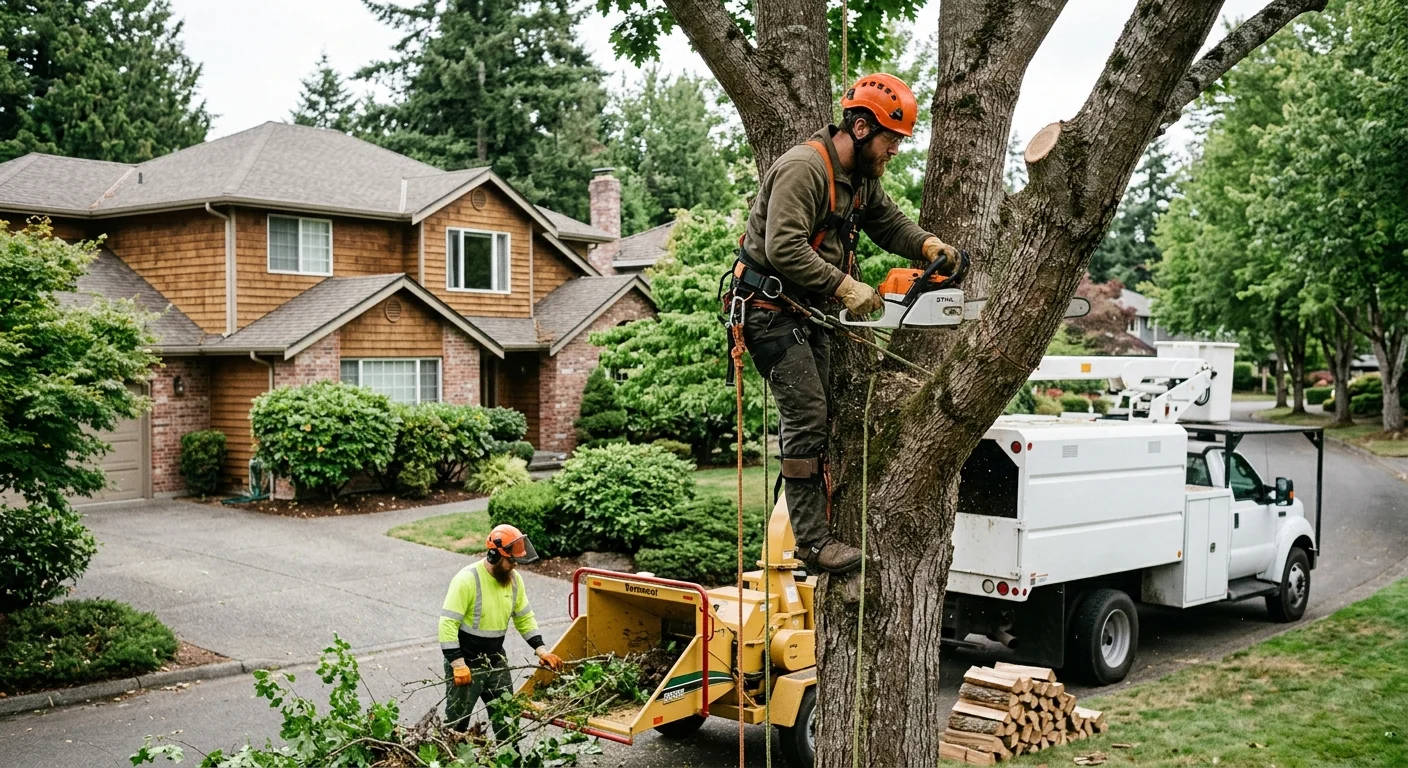 Crew assessing a large tree for removal in a Redmond backyard