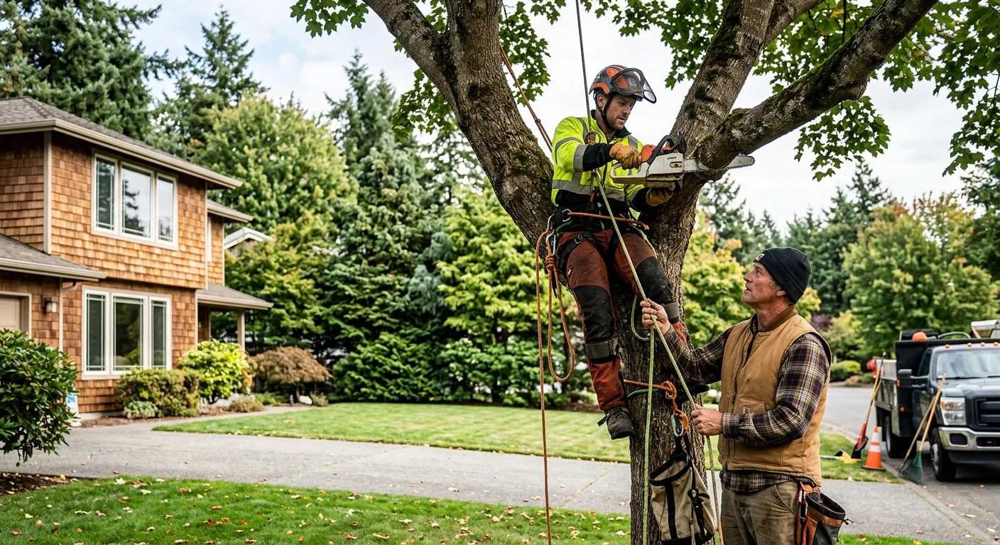 Tree removal crew rigging down a large trunk on a Redmond residential lot