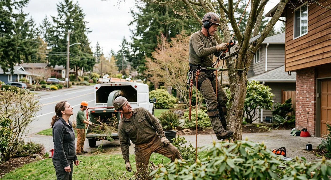 Leaning storm-damaged tree with exposed roots threatening a Redmond home
