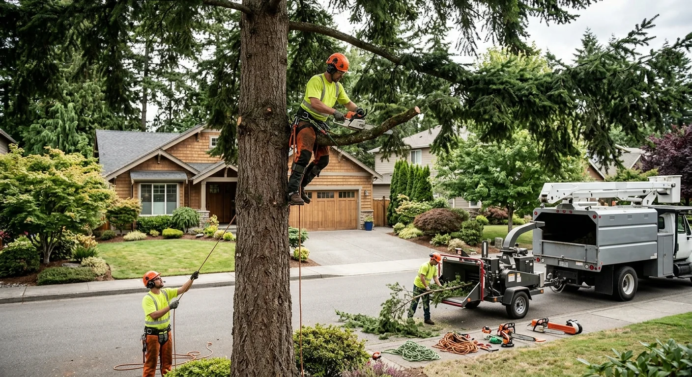 Tree removal crew rigging a large trunk near a Redmond home