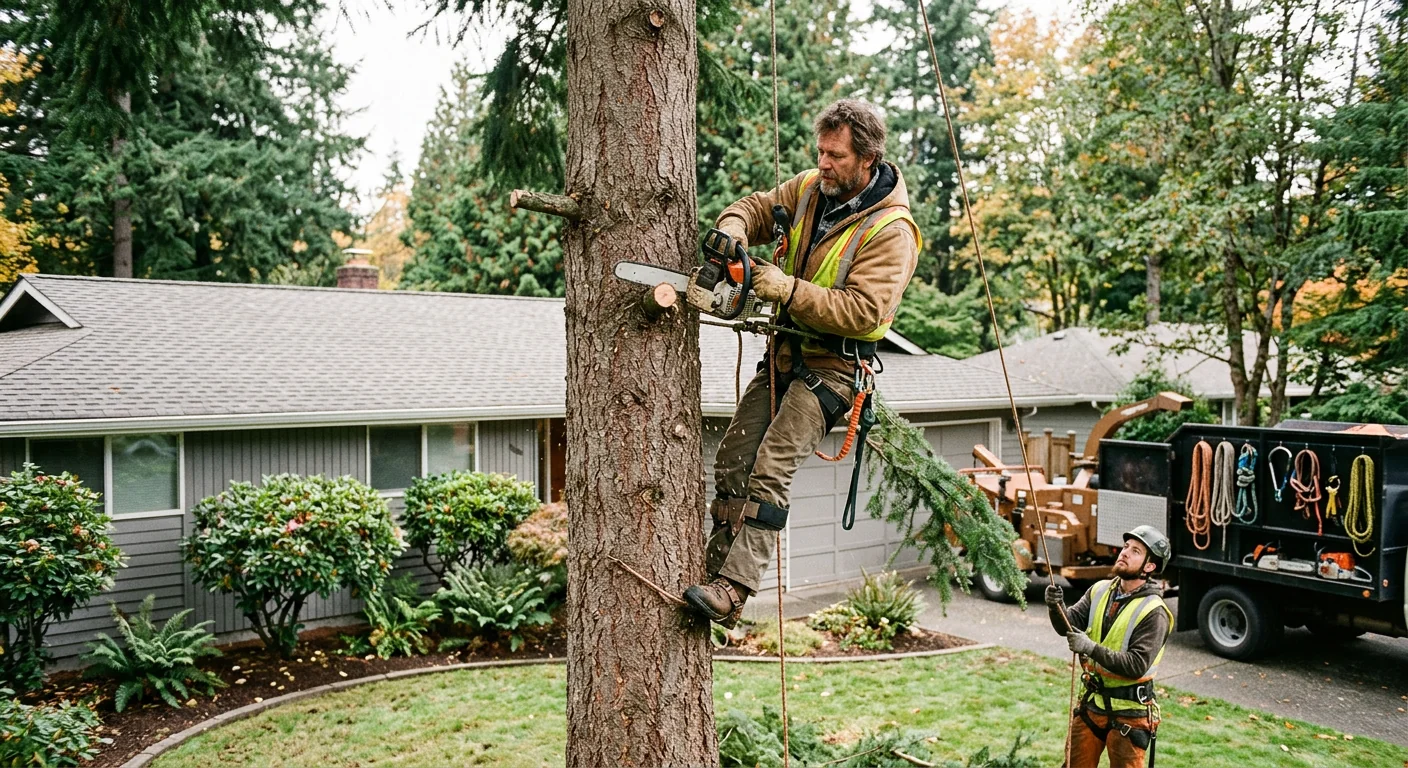 Arborist inspecting a mature tree trunk on a Redmond property