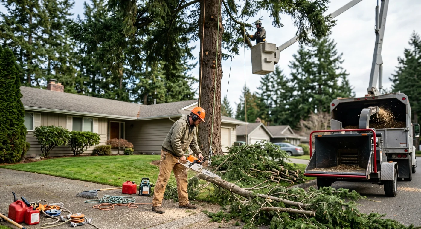 Arborist inspecting a mature tree trunk for decay on a Redmond property