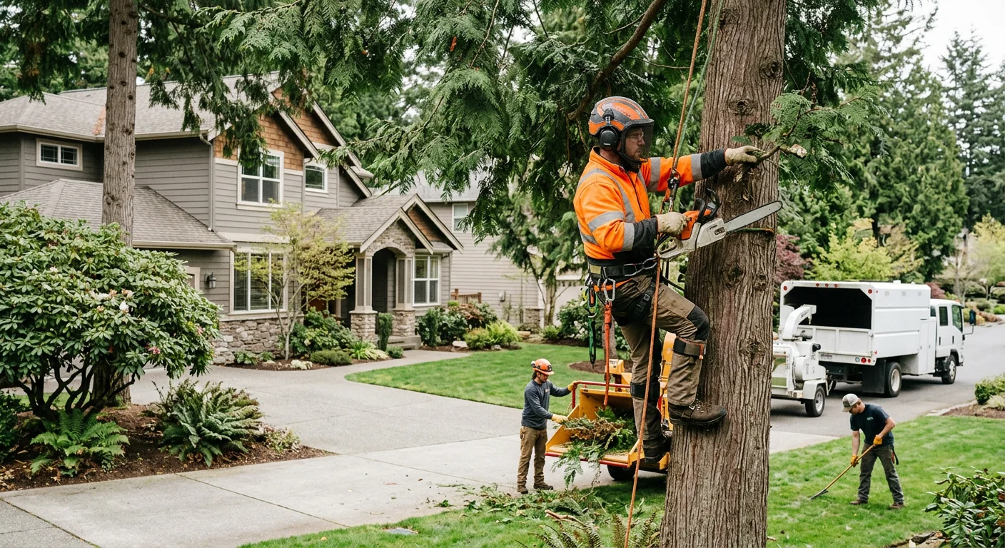 Cracked tree union and root decay flagged during a Redmond tree inspection