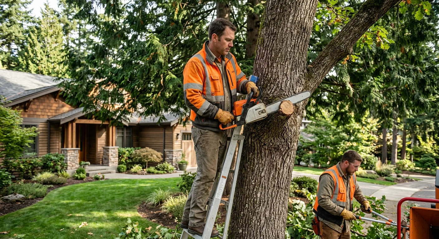 Tree service specialist reviewing a risk report beside a large Redmond tree