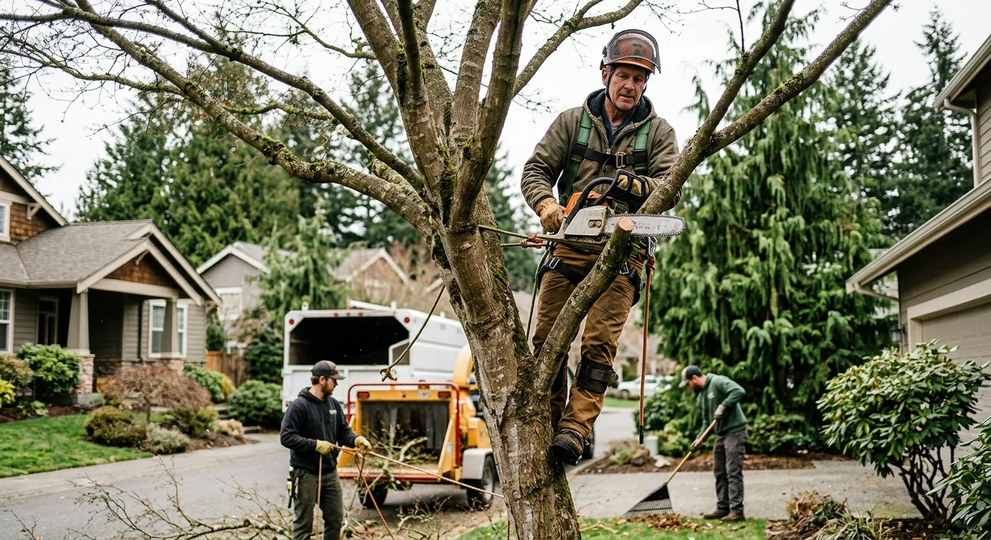 Tree crew pruning a large maple in a Redmond neighborhood