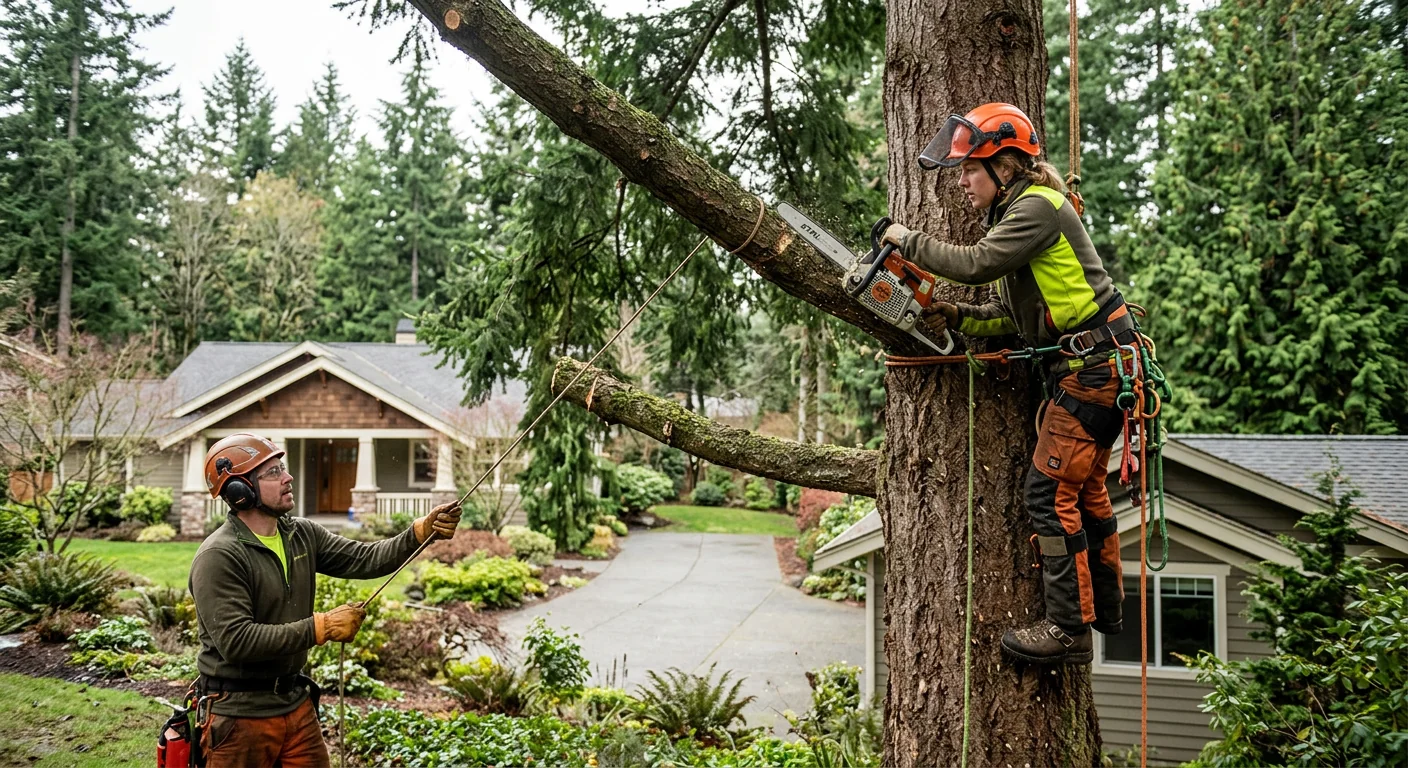 Redmond tree crew rigging a large limb and clearing brush from a residential yard