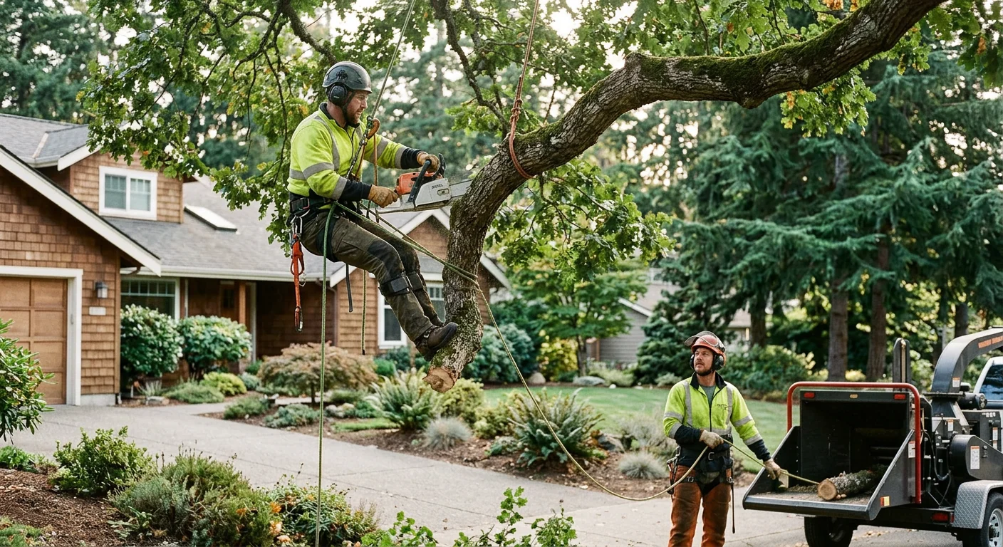 Tree crew reviewing a finished pruning job with a Redmond homeowner during a walkthrough