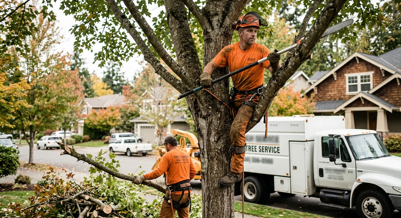 Tree service crew reviewing a written estimate on a Redmond property