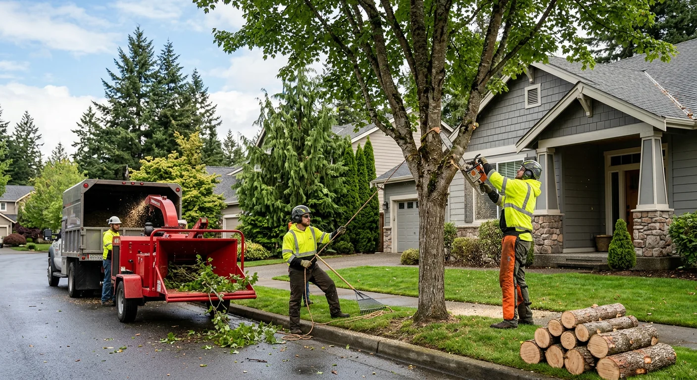 Commercial property in Redmond with freshly trimmed trees and cleared brush along the tree line