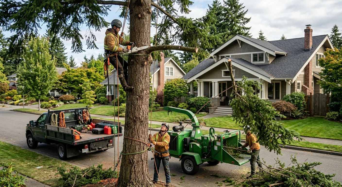 Tree removal crew working on a wooded residential lot in North Redmond