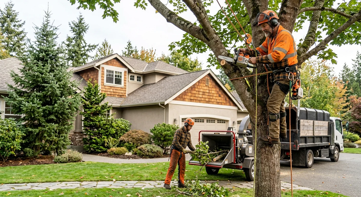 Tree crew in safety gear rigging a large removal on a Redmond property