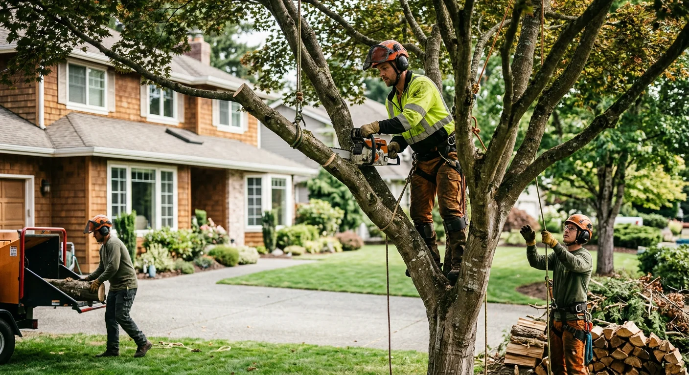 Arborist trimming a tall tree canopy above a Redmond home