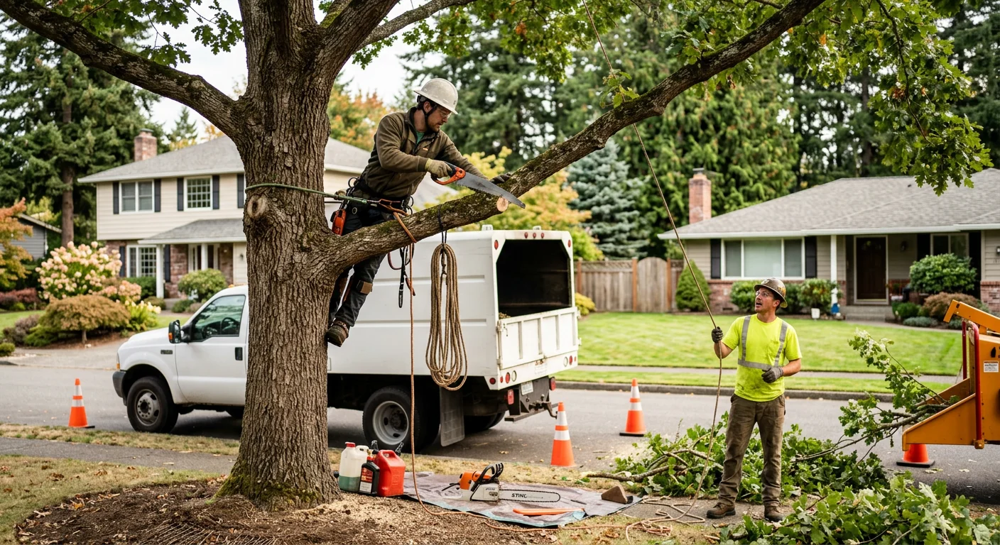 Arborist thinning a residential tree canopy on a Redmond property