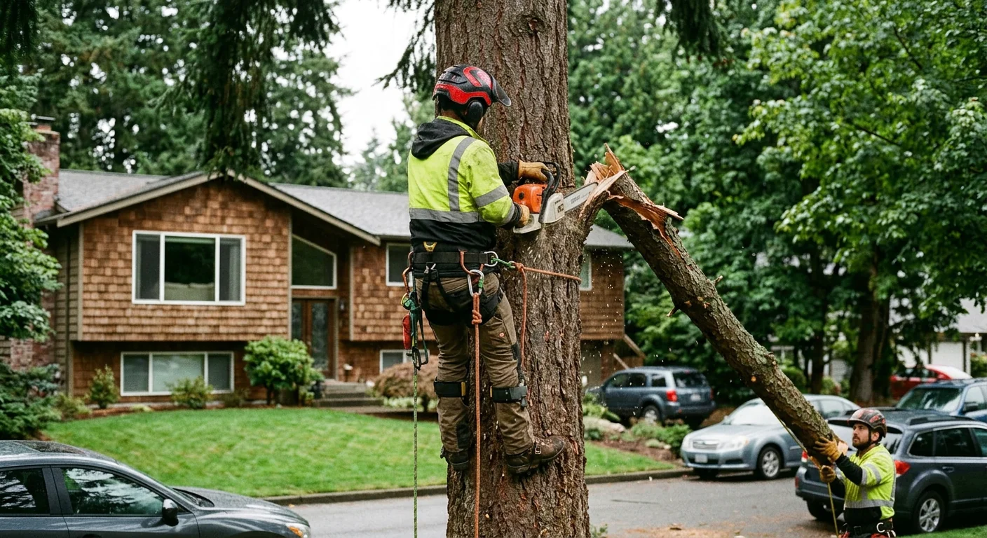 Overgrown tree limbs crowding a rooftop in need of trimming